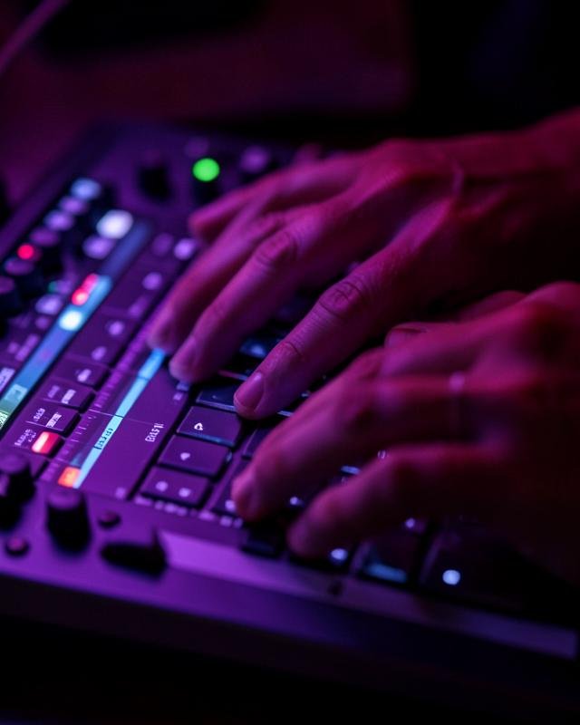 Hands working across a video editing keyboard